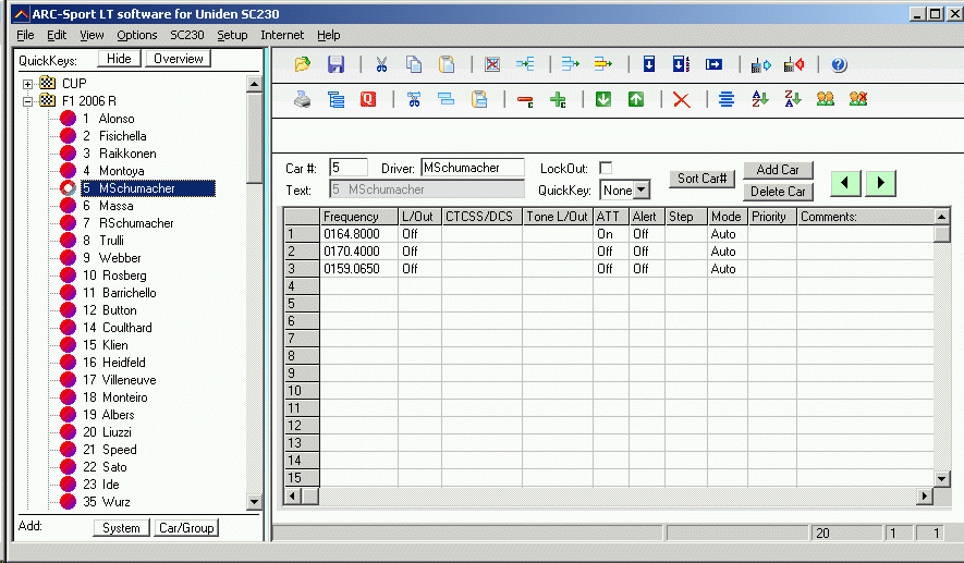 Race Scanner Frequencies Software for Uniden Nascar SC230